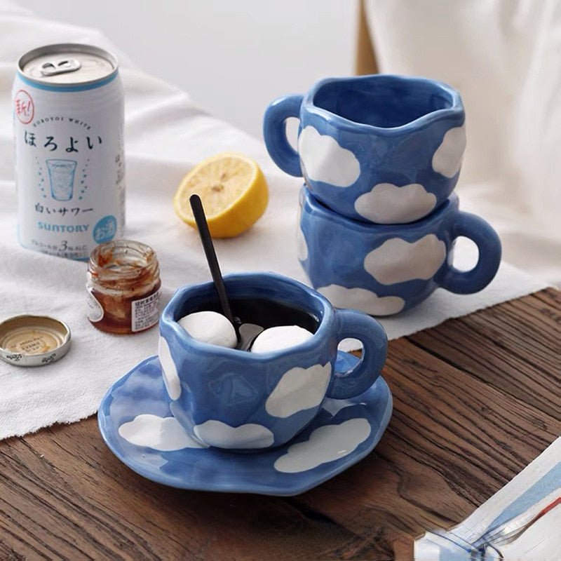 Hand Painted Ceramic Coffee Mugs with Saucers