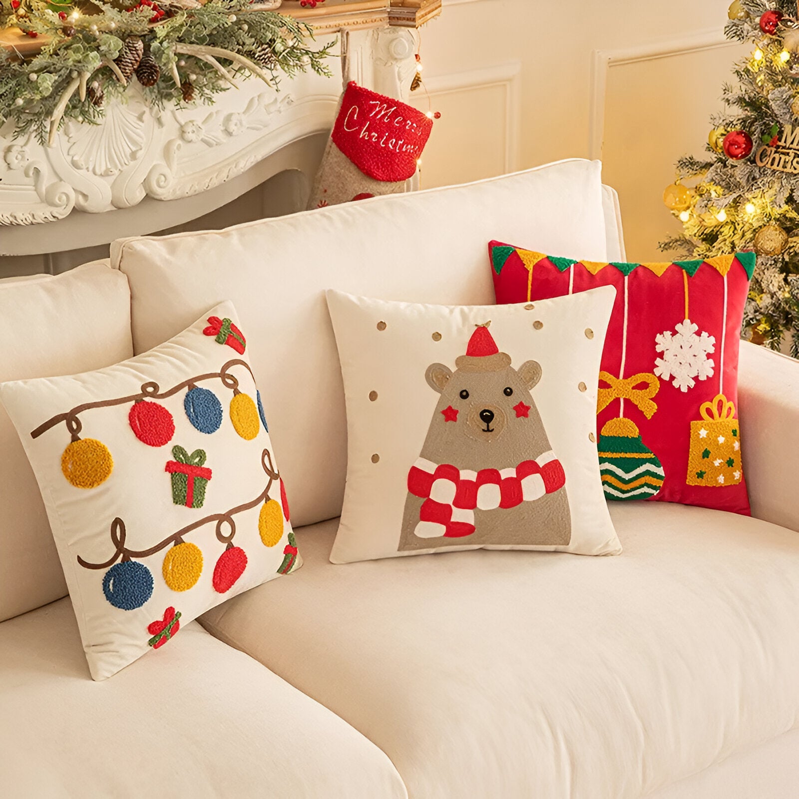 Embroidered Christmas Lights Cushion Cover