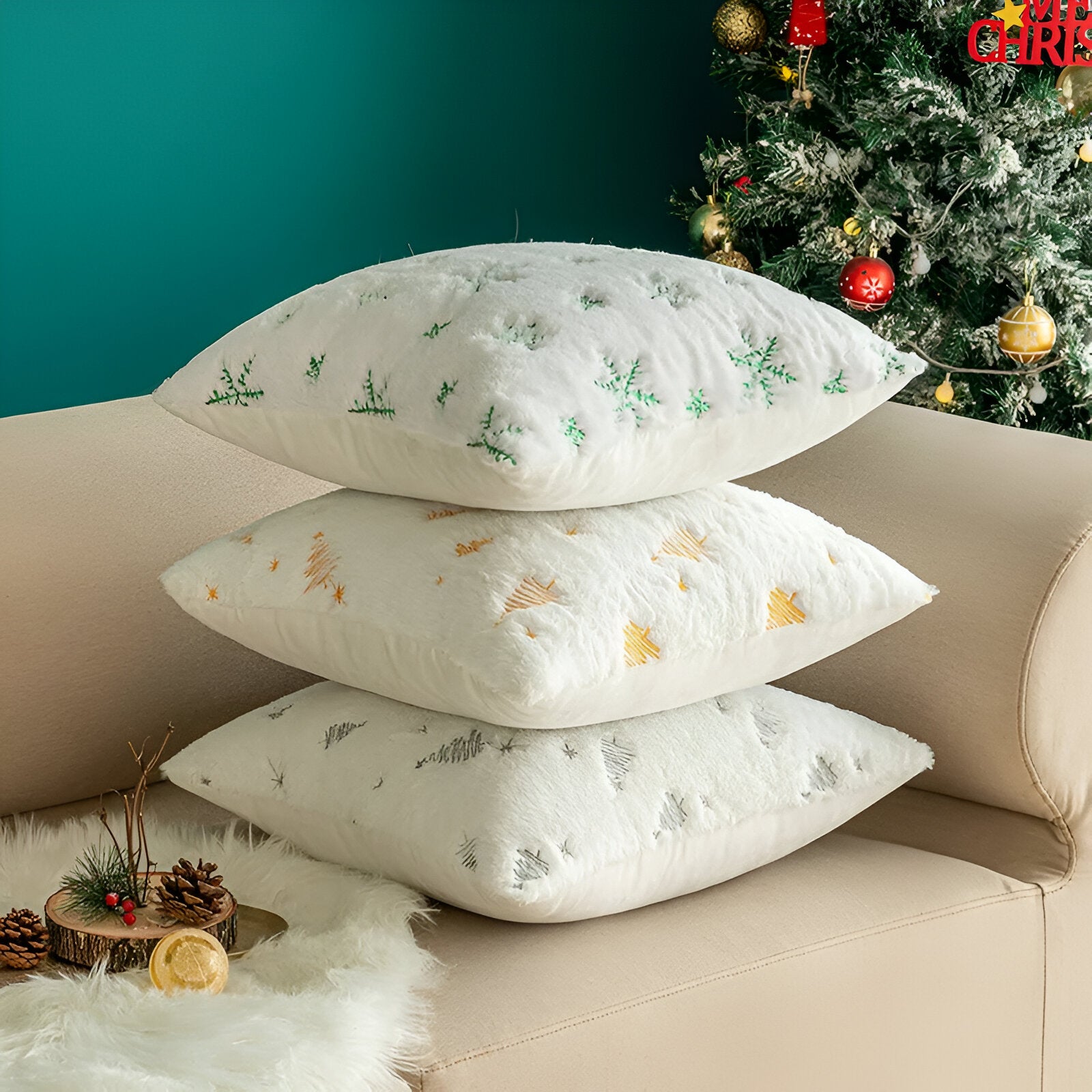 White Embroidered Christmas Tree Cushion Cover