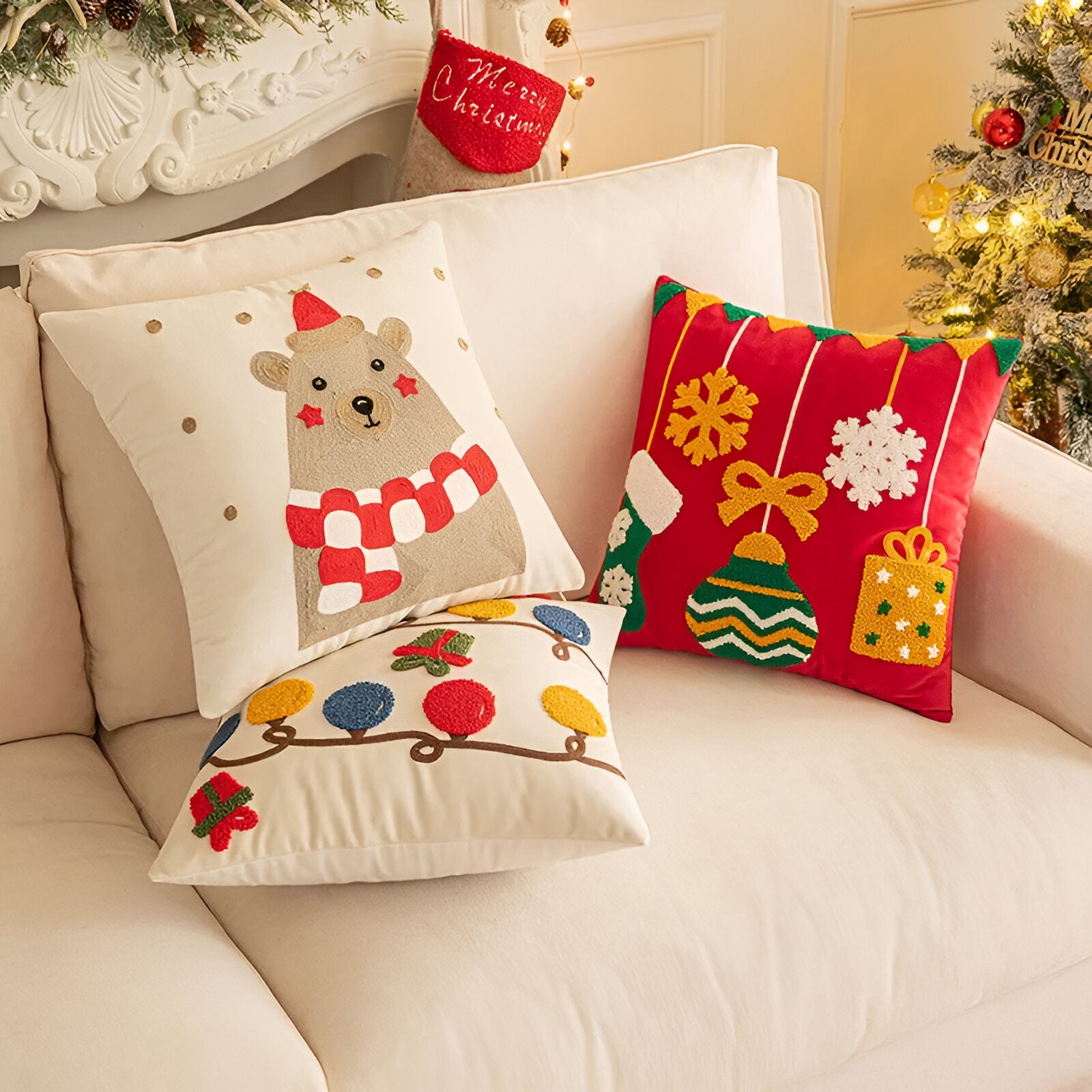 Embroidered Christmas Lights Cushion Cover