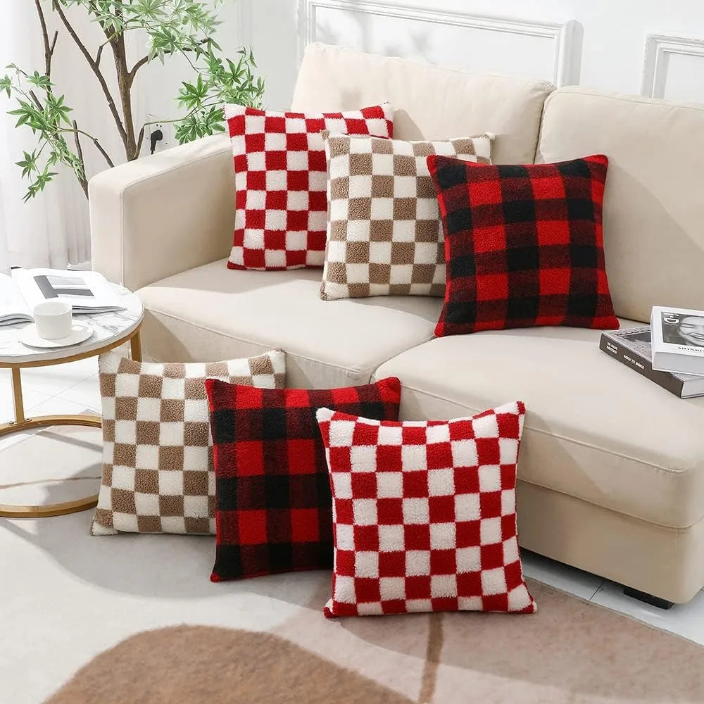 Chequered Faux Fur Woollen Throw Cushion Cover