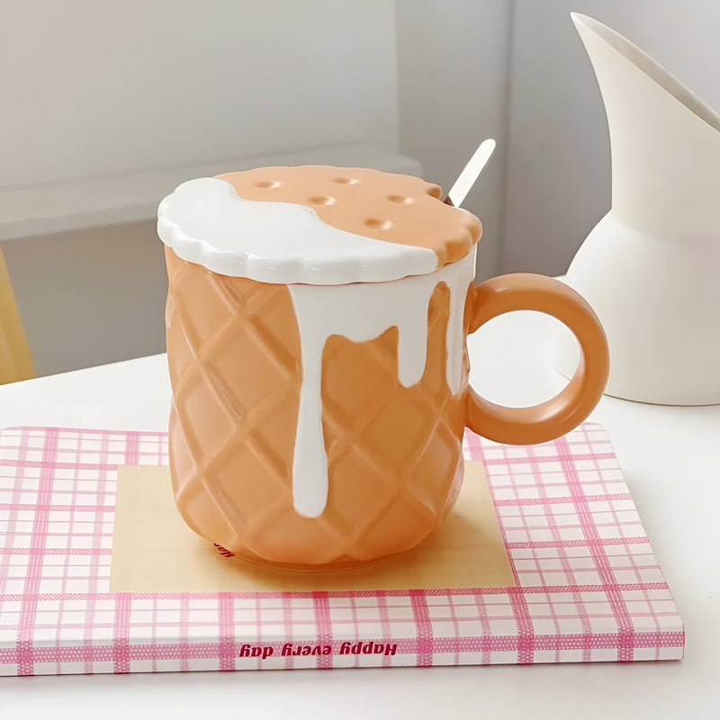 Cartoon Biscuit Pattern Coffee Mug With Lid & Spoon - The House Of BLOC