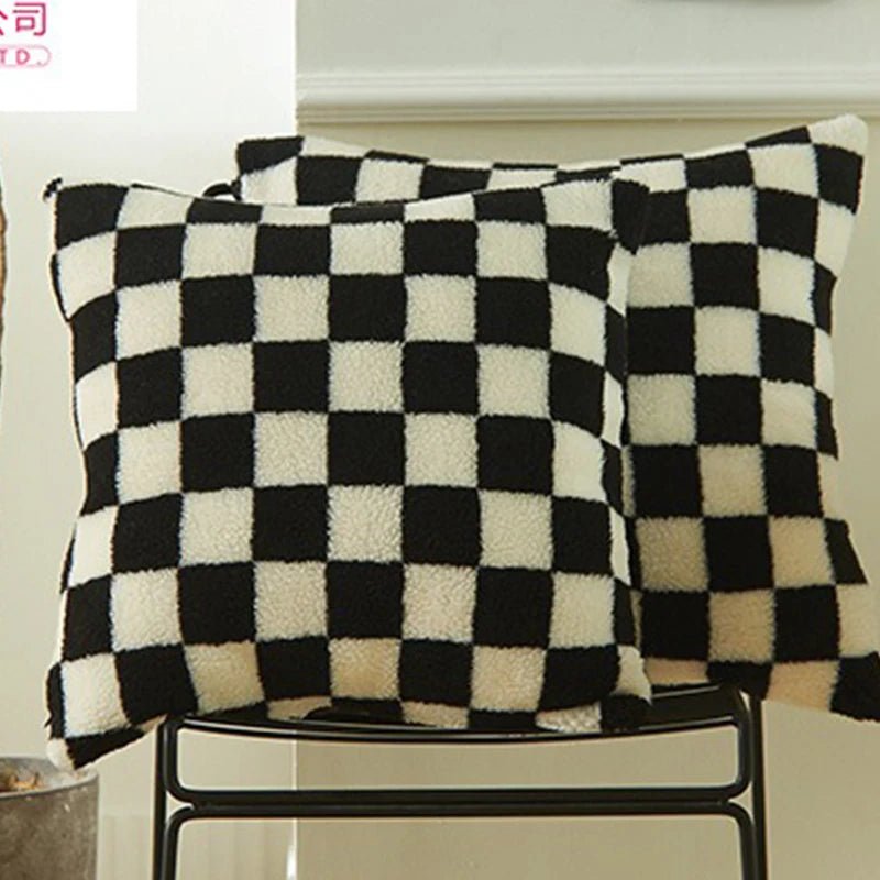 Chequered Faux Fur Woollen Throw Cushion Cover - The House Of BLOC