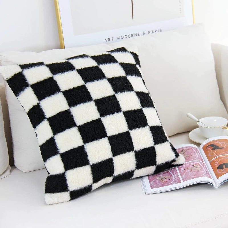 Chequered Faux Fur Woollen Throw Cushion Cover - The House Of BLOC