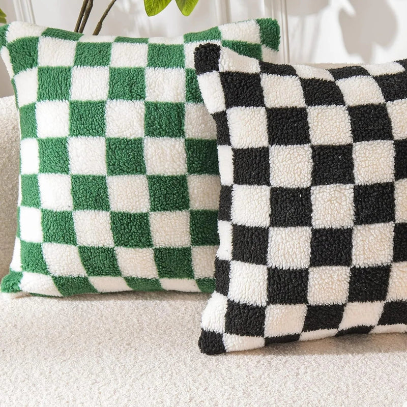 Chequered Faux Fur Woollen Throw Cushion Cover - The House Of BLOC