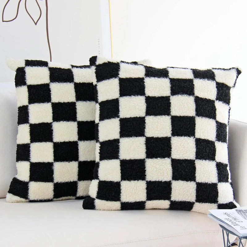 Chequered Faux Fur Woollen Throw Cushion Cover - The House Of BLOC