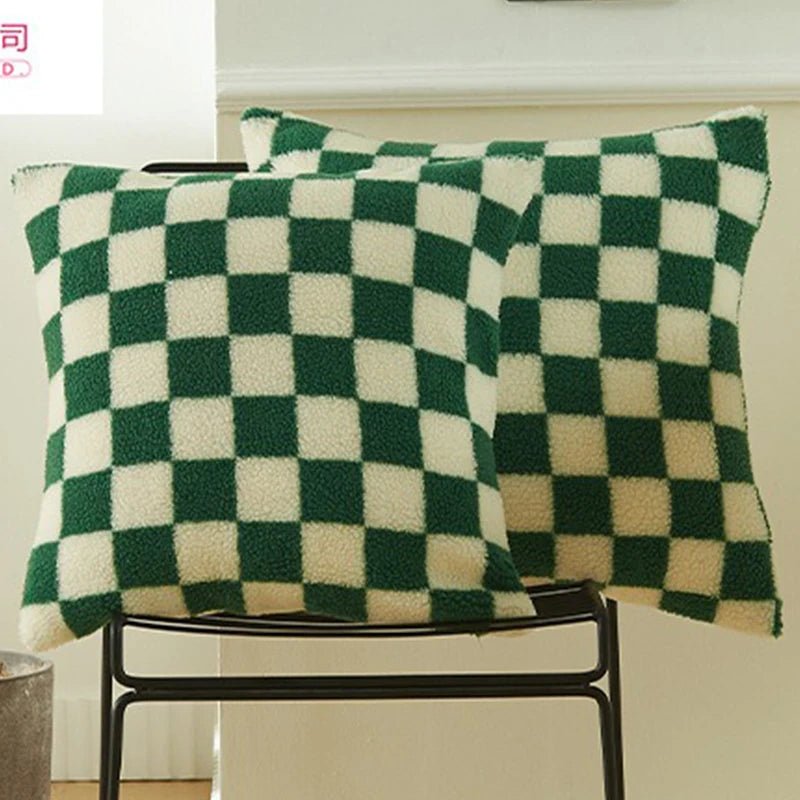 Chequered Faux Fur Woollen Throw Cushion Cover - The House Of BLOC