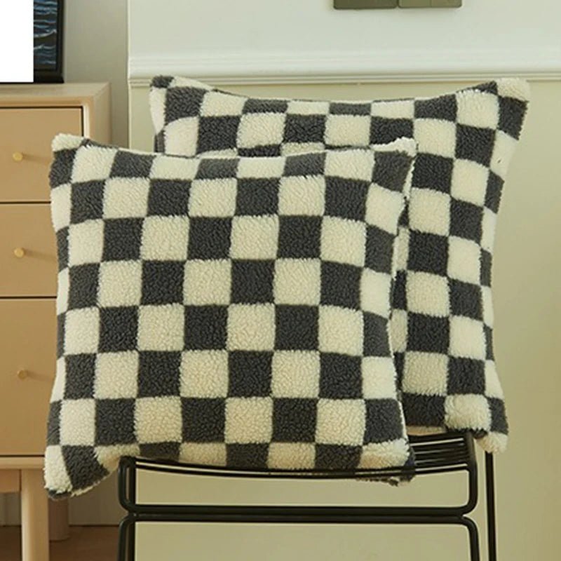 Chequered Faux Fur Woollen Throw Cushion Cover - The House Of BLOC