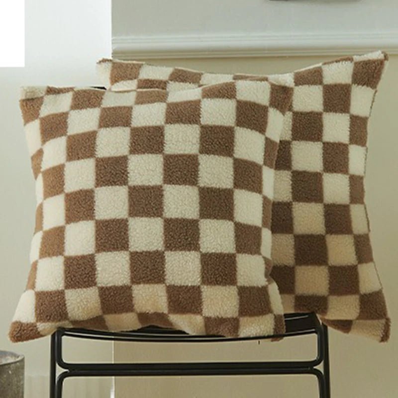 Chequered Faux Fur Woollen Throw Cushion Cover - The House Of BLOC