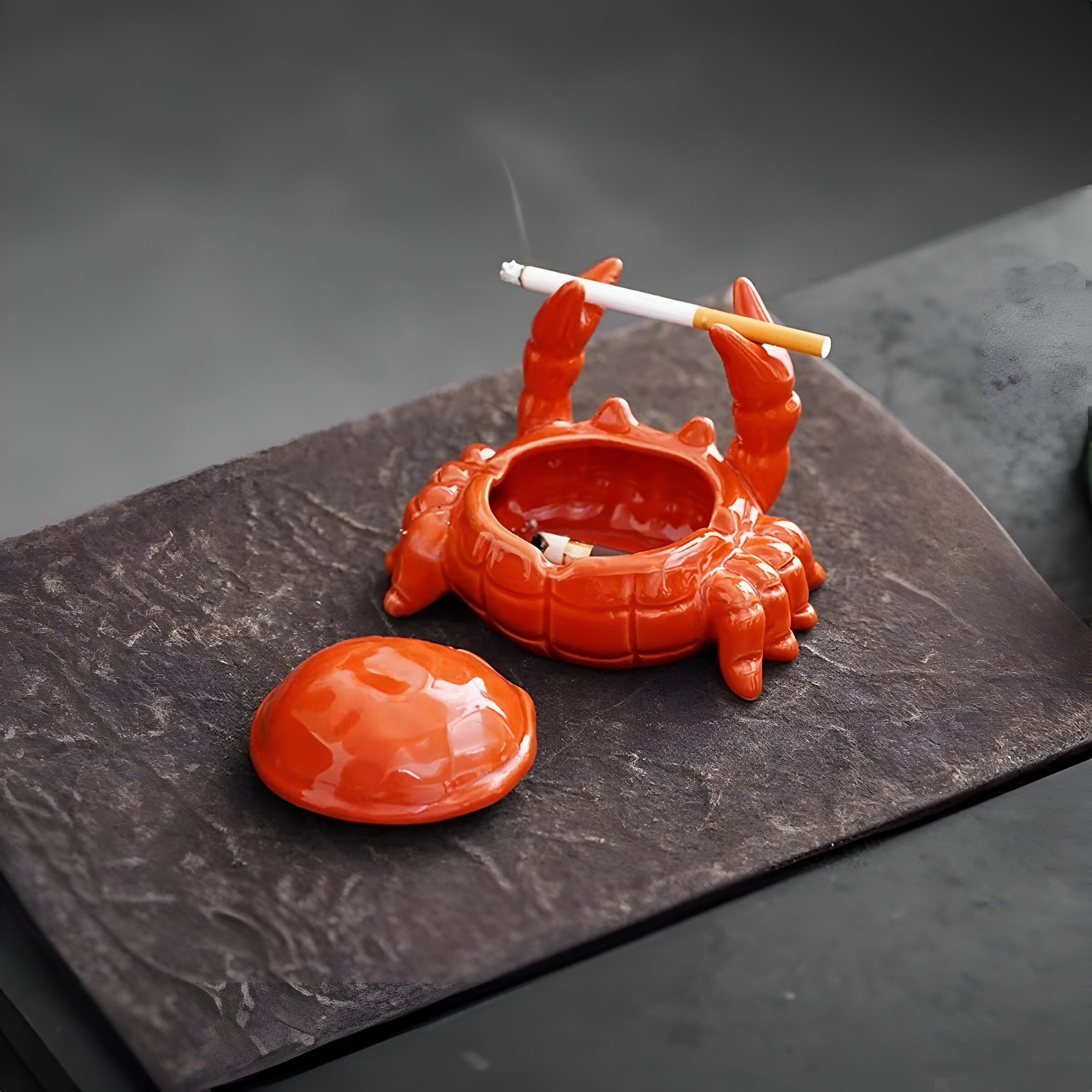 Orange Chinese Oriental Style Crab Smoking Ashtray