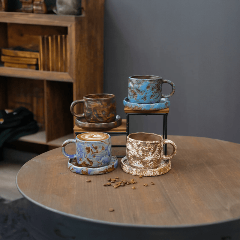 Japanese Style Rough Pottery Tea Cups and Saucers - The House Of BLOC