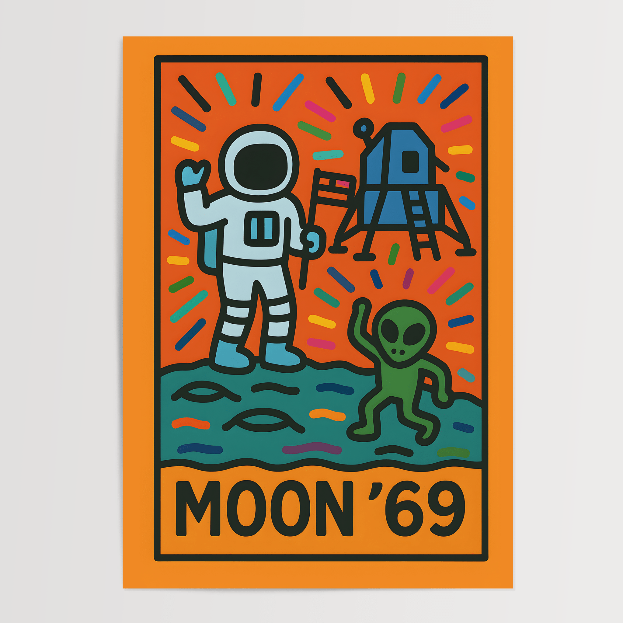 Moon Landing Poster - Keith Haring Inspired - Premium Semi - Glossy Poster - The House Of BLOC