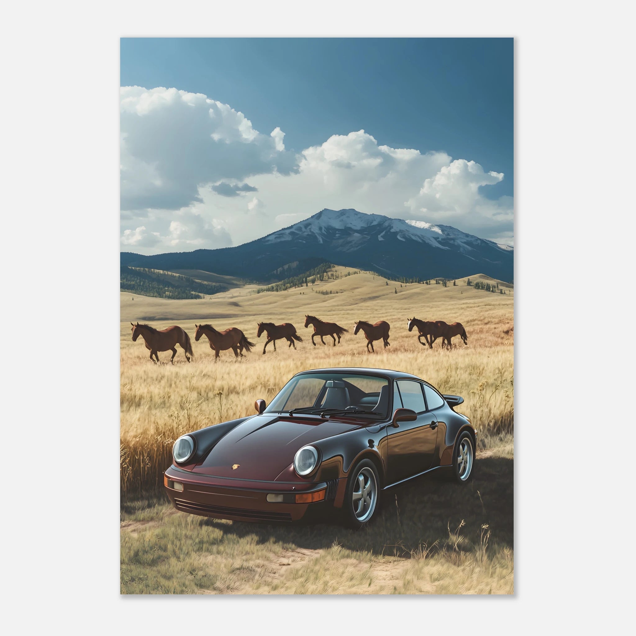 Porsche 911 in Colorado with Horses Poster – Premium Semi - Glossy Poster - The House Of BLOC