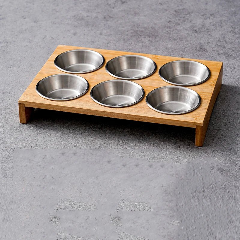 Stainless Steel Dip Bowls On Bamboo Display Serving Tray - The House Of BLOC