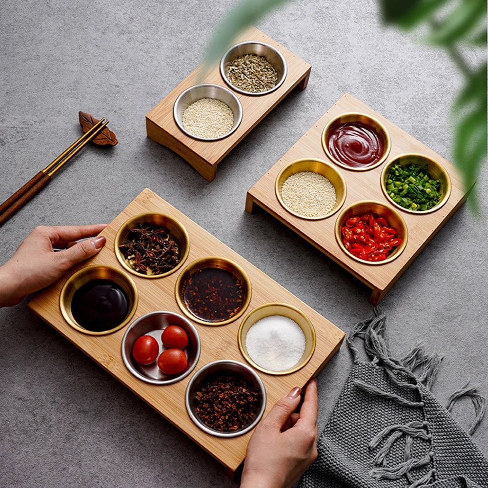 Stainless Steel Dip Bowls On Bamboo Display Serving Tray - The House Of BLOC