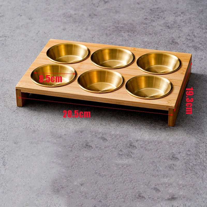 Stainless Steel Dip Bowls On Bamboo Display Serving Tray - The House Of BLOC