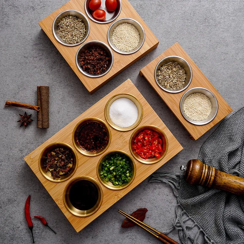 Stainless Steel Dip Bowls On Bamboo Display Serving Tray - The House Of BLOC