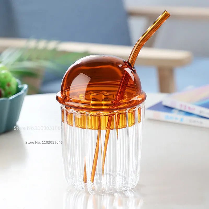 Striped Coffee Glass Cup With Lid and Straw - The House Of BLOC