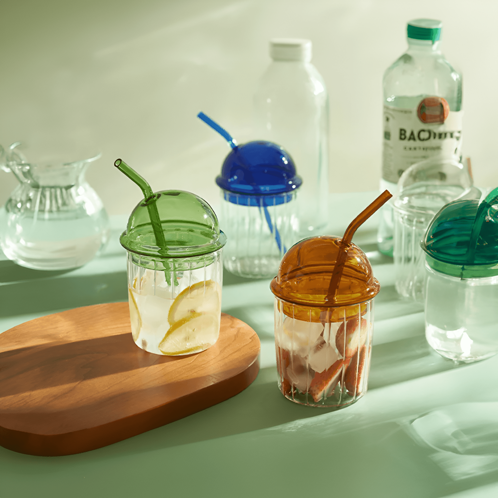 Striped Coffee Glass Cup With Lid and Straw - The House Of BLOC