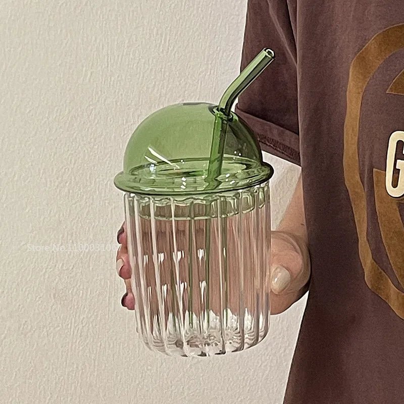 Striped Coffee Glass Cup With Lid and Straw - The House Of BLOC