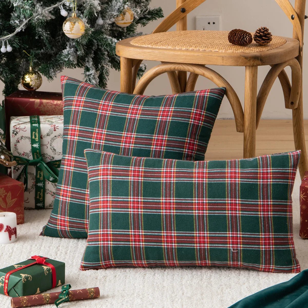 Traditional Red & Green Tartan Christmas Cushion Cover - The House Of BLOC