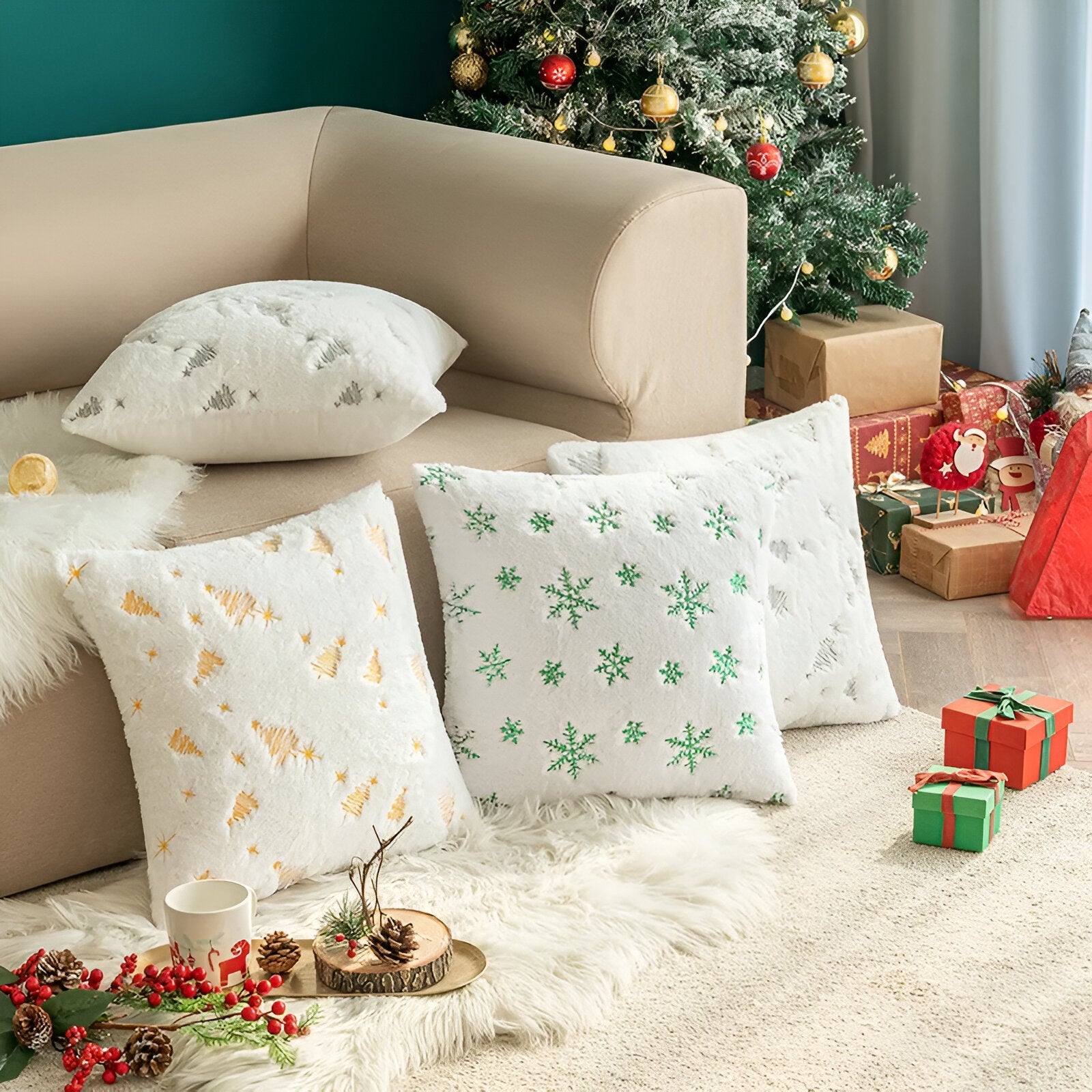 White Embroidered Christmas Tree Cushion Cover - The House Of BLOC