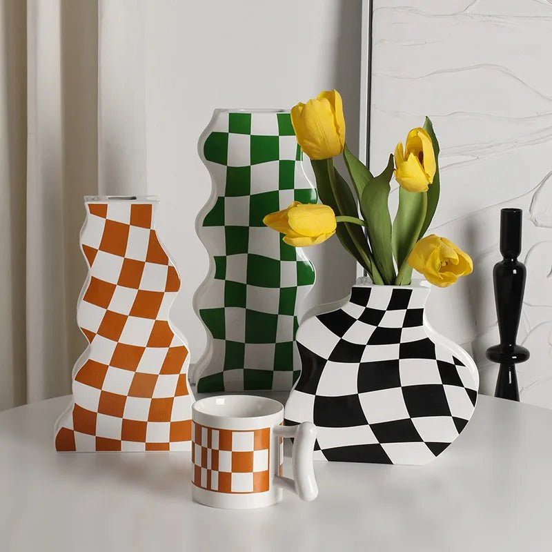 Black and White Ceramic Chequerboard Vase - The House Of BLOC