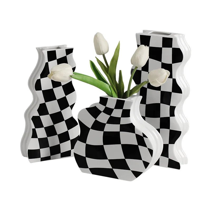 Black and White Ceramic Chequerboard Vase - The House Of BLOC