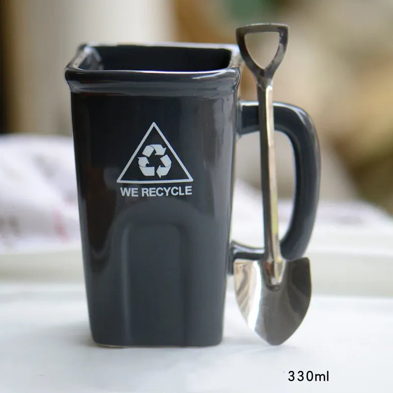 Ceramic Rubbish Bin Shape Mug With Shovel Spoon - The House Of BLOC