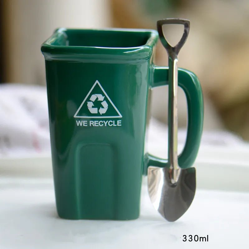 Ceramic Rubbish Bin Shape Mug With Shovel Spoon - The House Of BLOC