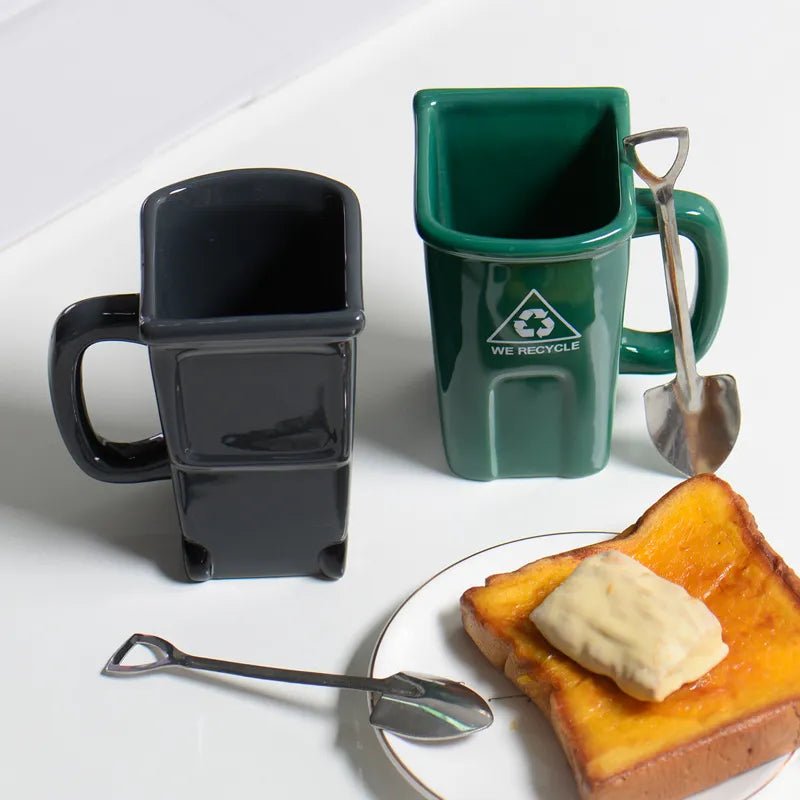 Ceramic Rubbish Bin Shape Mug With Shovel Spoon - The House Of BLOC