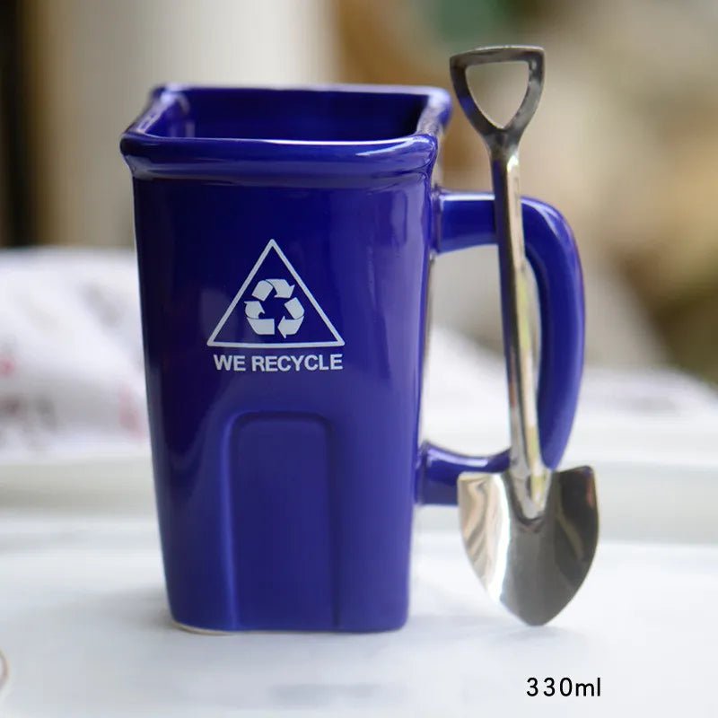 Ceramic Rubbish Bin Shape Mug With Shovel Spoon - The House Of BLOC