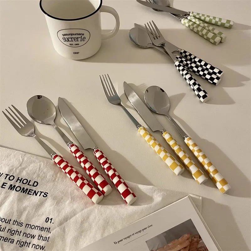 Chequered Pattern Stainless Steel Cutlery Set - The House Of BLOC