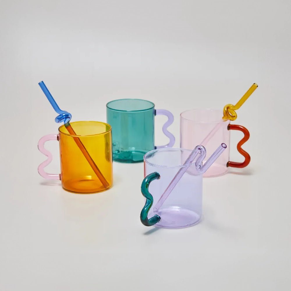 Colourful Glass Coffee Mug With Squiggle Handle - The House Of BLOC