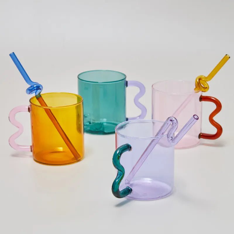 Colourful Glass Coffee Mug With Squiggle Handle - The House Of BLOC