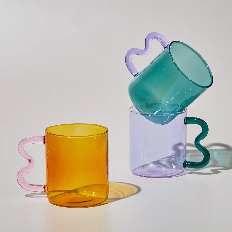 Colourful Glass Coffee Mug With Squiggle Handle - The House Of BLOC