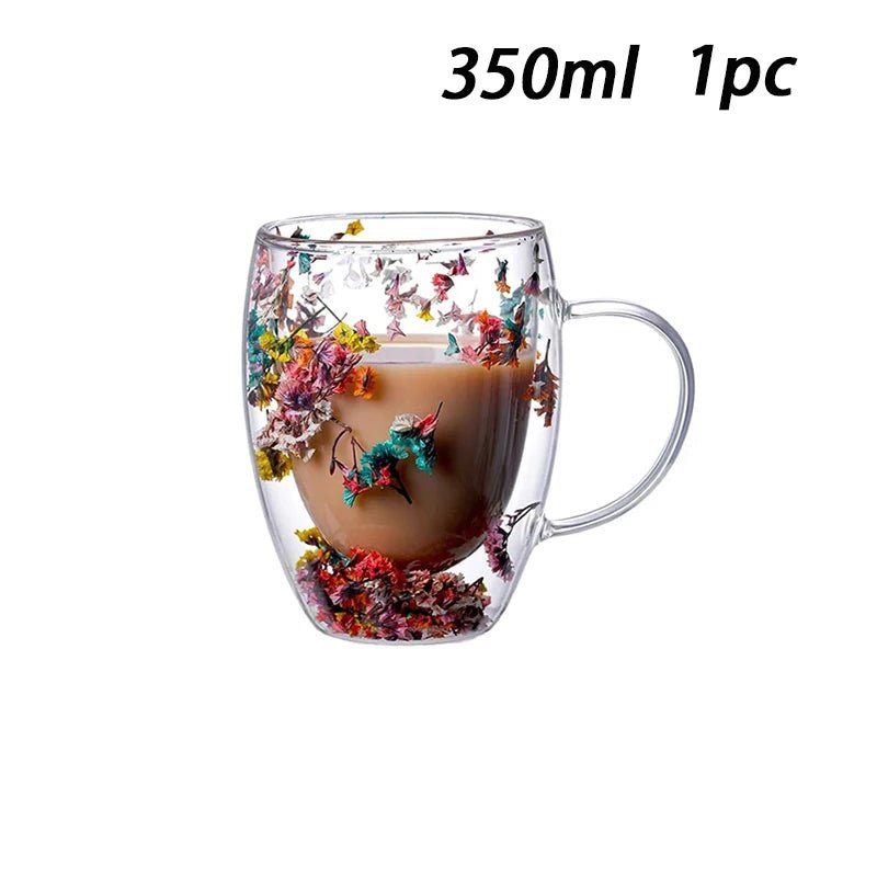 Double Wall Insulated Floral Glass Coffee Mugs - The House Of BLOC