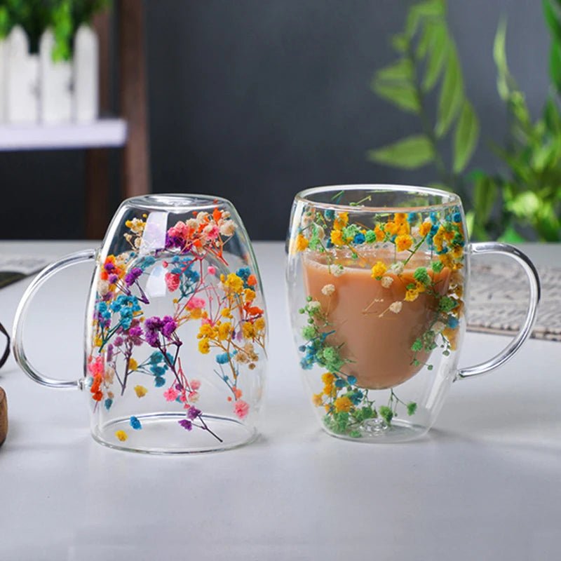 Double Wall Insulated Floral Glass Coffee Mugs - The House Of BLOC