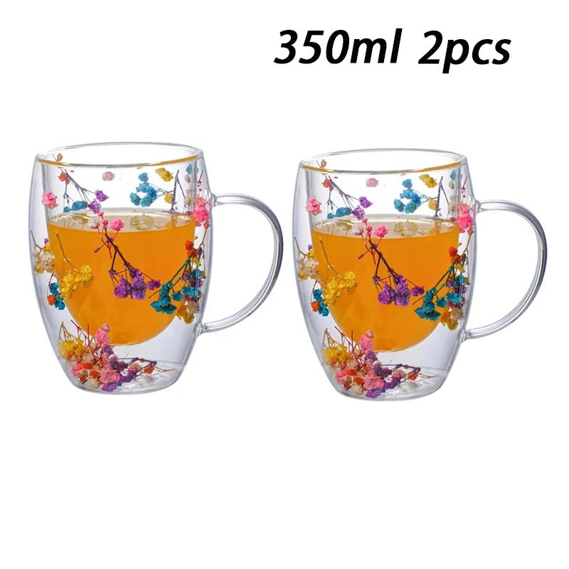 Double Wall Insulated Floral Glass Coffee Mugs - The House Of BLOC