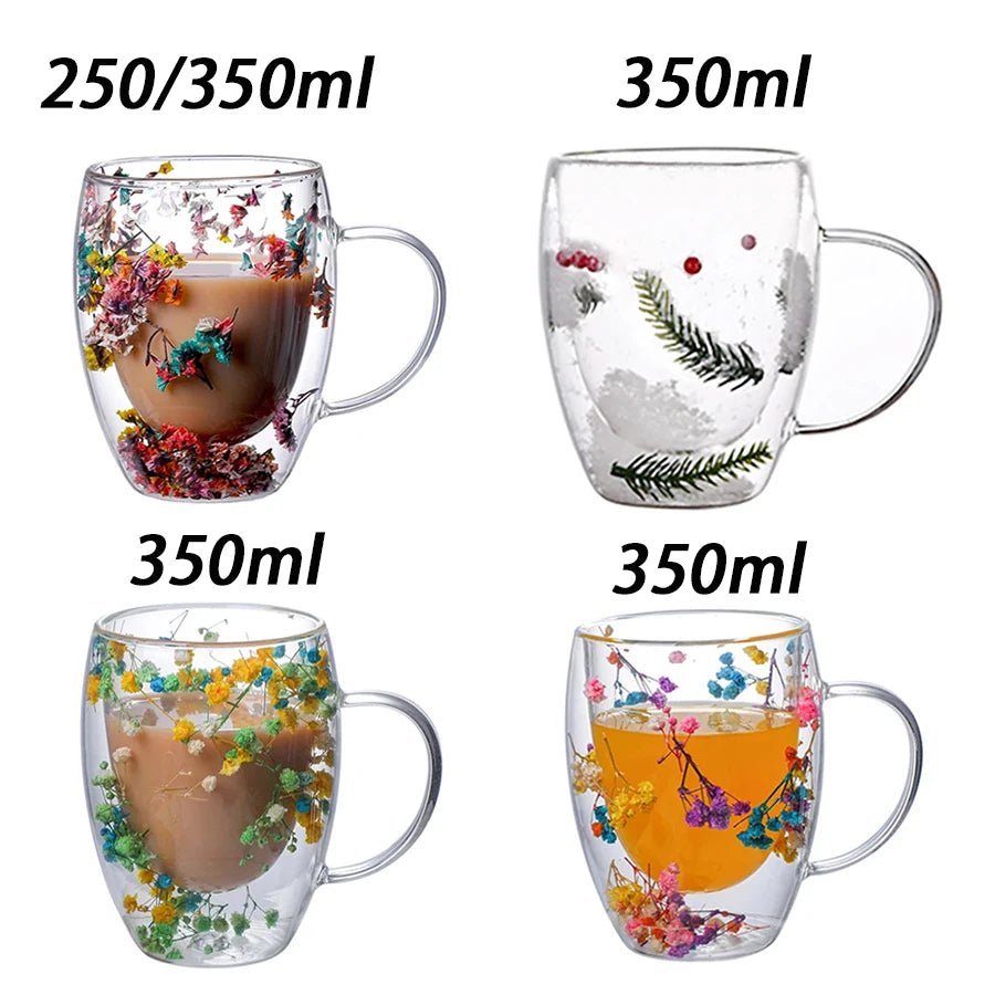 Double Wall Glass Coffee Mugs - Dried Flowers Insulated Glass