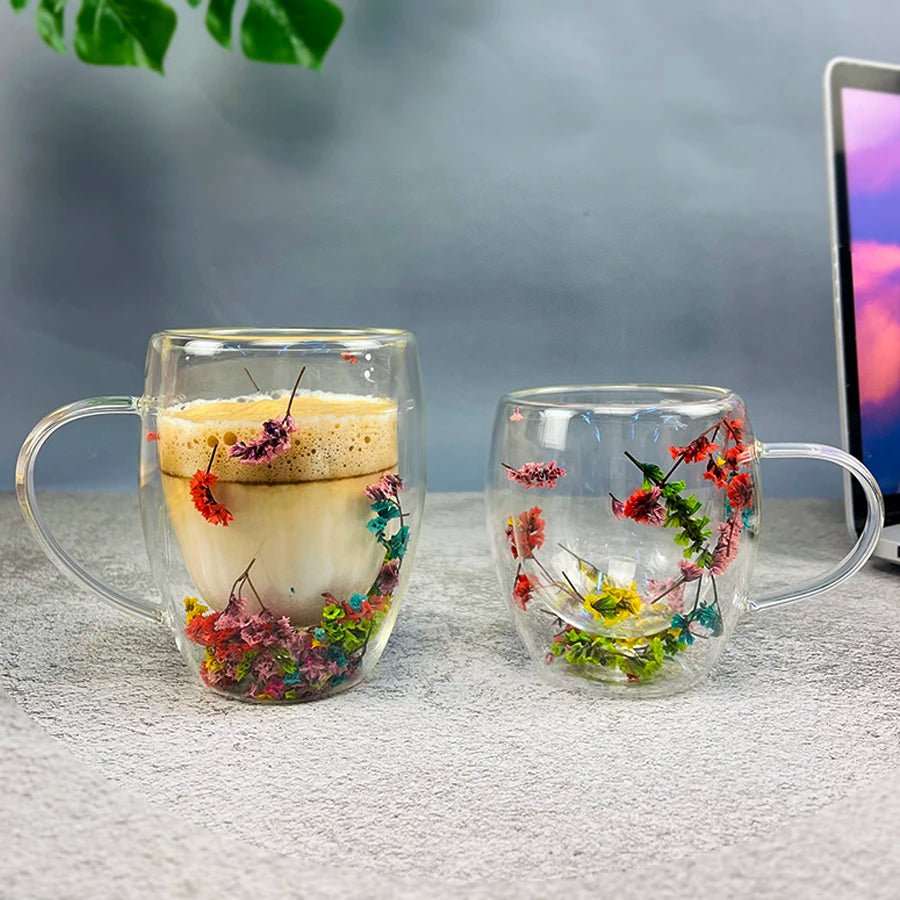 Double Wall Insulated Floral Glass Coffee Mugs - The House Of BLOC