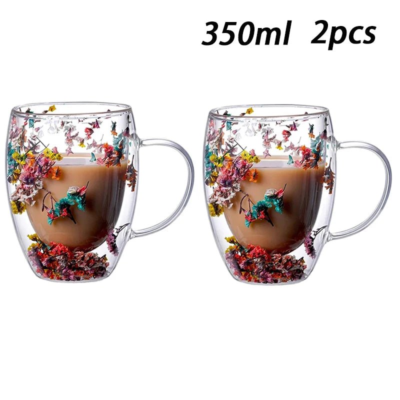Double Wall Insulated Floral Glass Coffee Mugs - The House Of BLOC