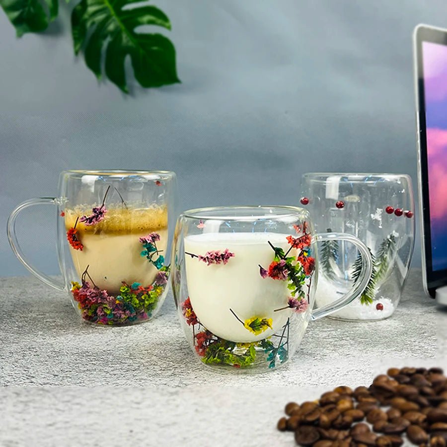 Double Wall Insulated Floral Glass Coffee Mugs - The House Of BLOC