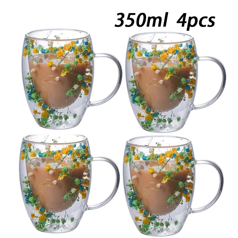 Double Wall Insulated Floral Glass Coffee Mugs - The House Of BLOC