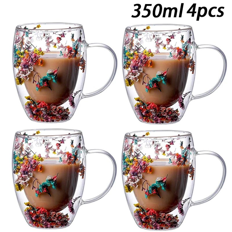 Double Wall Insulated Floral Glass Coffee Mugs - The House Of BLOC