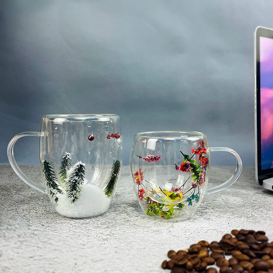 Double Wall Glass Coffee Mugs - Dried Flowers Insulated Glass