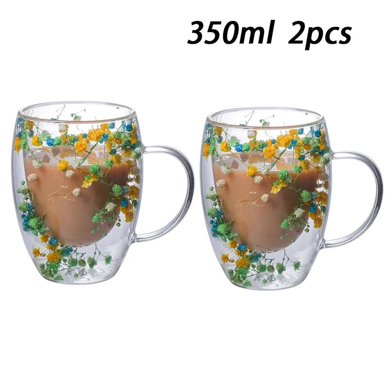 Double Wall Insulated Floral Glass Coffee Mugs - The House Of BLOC