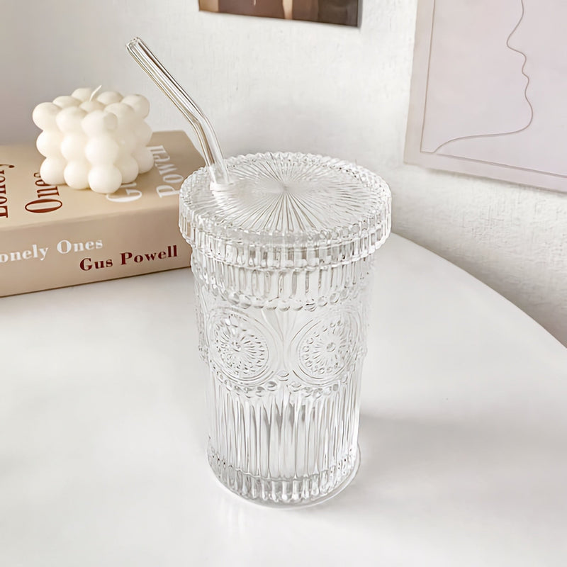 Flower Embossed Transparent Glass Cup With Lid and Straw - The House Of BLOC