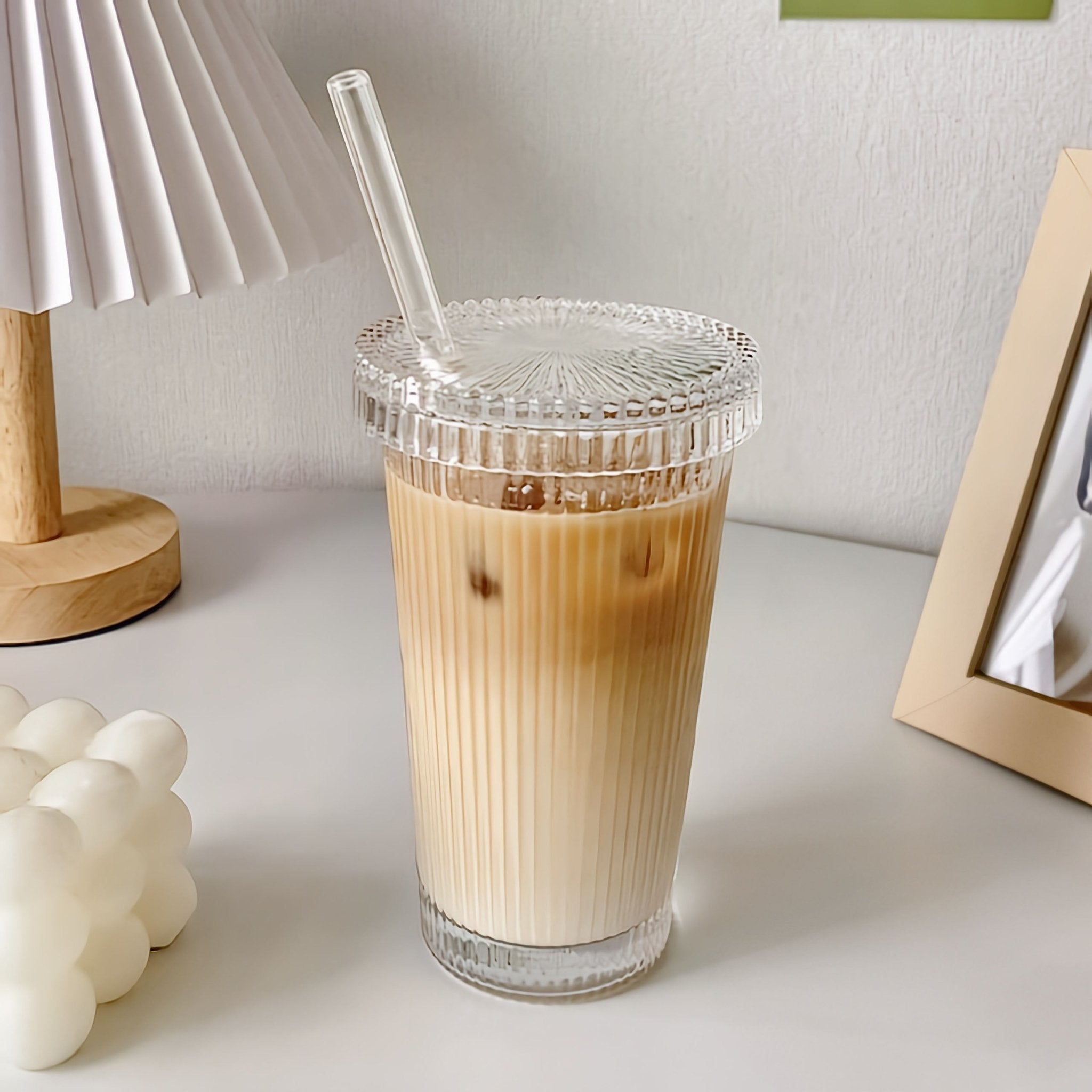 Flower Embossed Transparent Glass Cup With Lid and Straw - The House Of BLOC