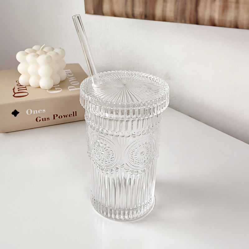 Flower Embossed Transparent Glass Cup With Lid and Straw - The House Of BLOC